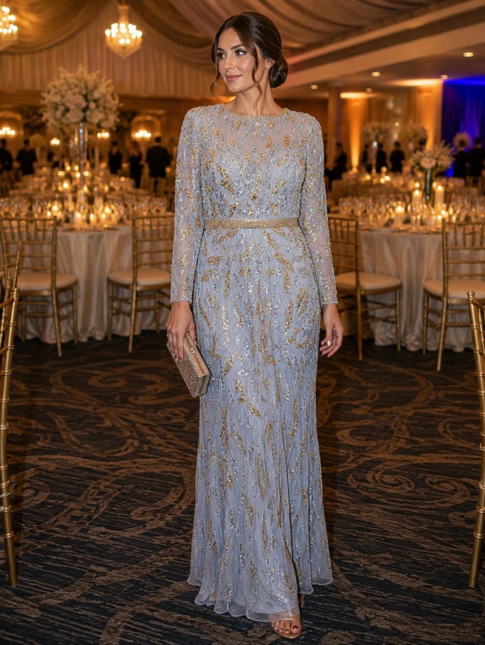 Mac Duggal Beaded Long Sleeve Evening Gown Platinum Gold Size 12 NWT